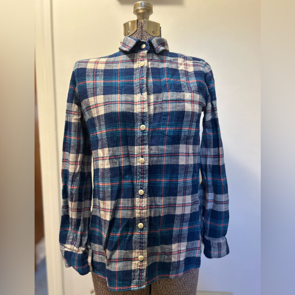 J. Crew Multicolor Plaid Shirt Size 0- Blue, white , salmon colors- Flannel